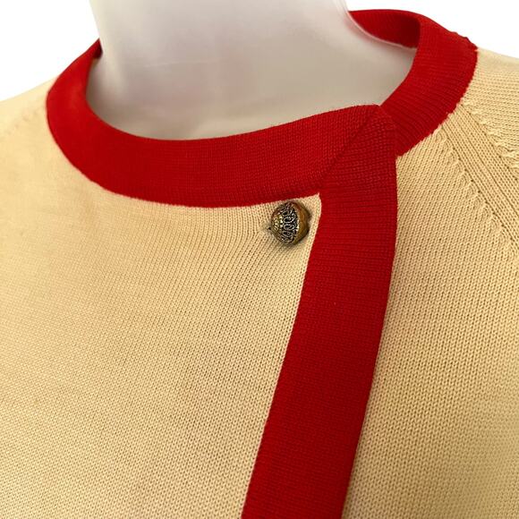 RARE Vintage Don Loper Cream Knit Red Trim Mod Cardigan 3/4-Sleeve Dinner Jacket - Picture 7 of 10